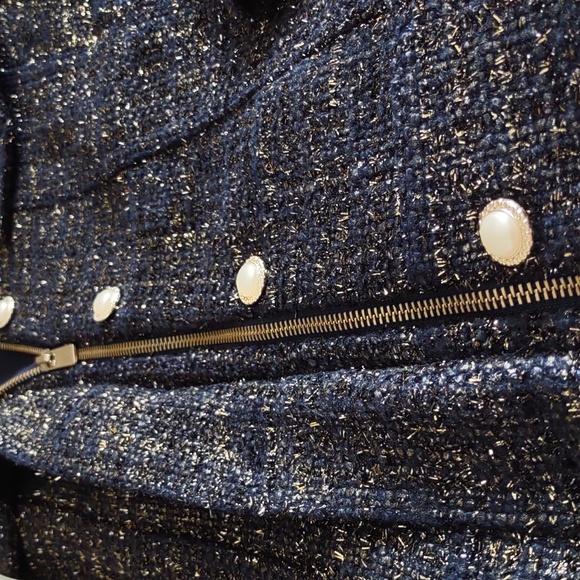 NWT Chico's Sz 2(12/14) Classic Navy Foil Tweed Long Sleeve Jacket Gold Metallic - Picture 14 of 16